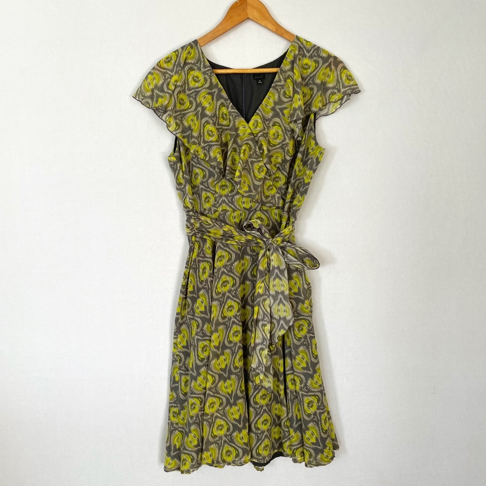 Esprit Collection Size 10 Fit & Flare Flutter Cap Sleeve Dress Chartreuse & Gray